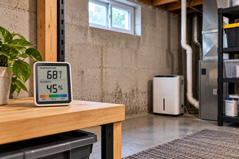Digital hygrometer showing 45% humidity in a clean unfinished basement with a dehumidifier in the background