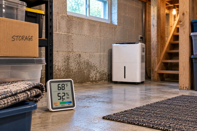 Basement storage area with a hygrometer showing 52% humidity, a dehumidifier, and moisture staining on the concrete wall