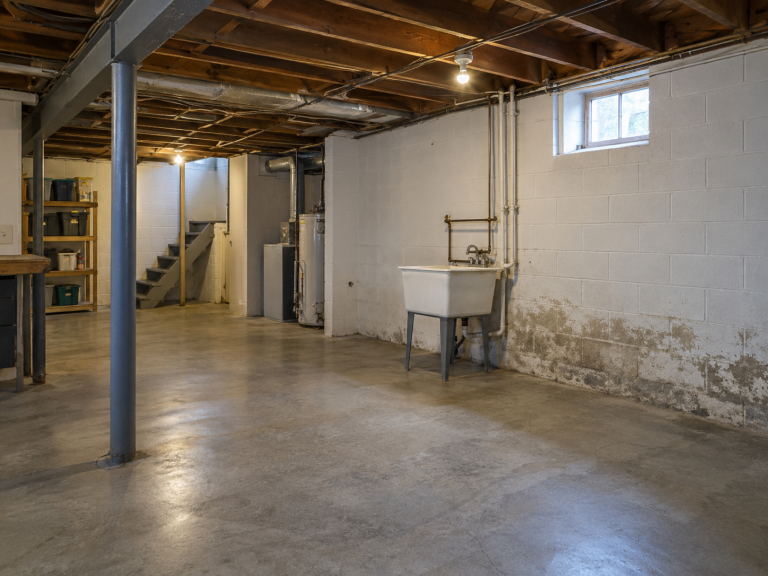 Unfinished basement with concrete block walls, utility sink, exposed framing, and moisture staining along the lower wall