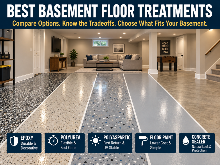 Comparison graphic showing five basement floor treatment options in a finished basement: epoxy, polyurea, polyaspartic, floor paint, and concrete sealer