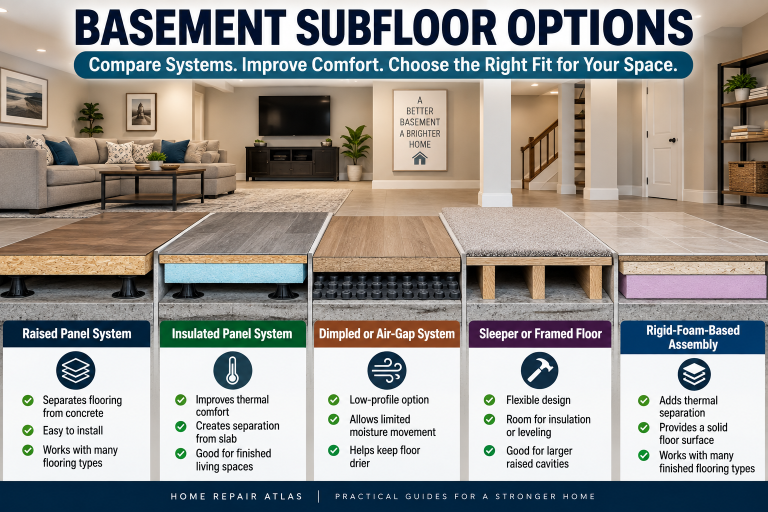Finished basement comparison graphic showing five subfloor systems: raised panel, insulated panel, dimpled air-gap, sleeper-framed, and rigid-foam assemblies