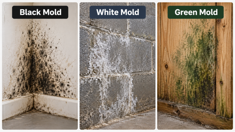 Comparison graphic showing black mold on drywall, white mold on concrete block, and green mold on a wood basement wall