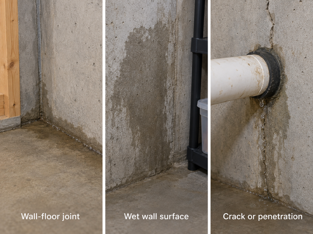 Three-panel basement comparison showing water at a wall-floor joint, a damp concrete wall surface, and water entering at a crack or pipe penetration
