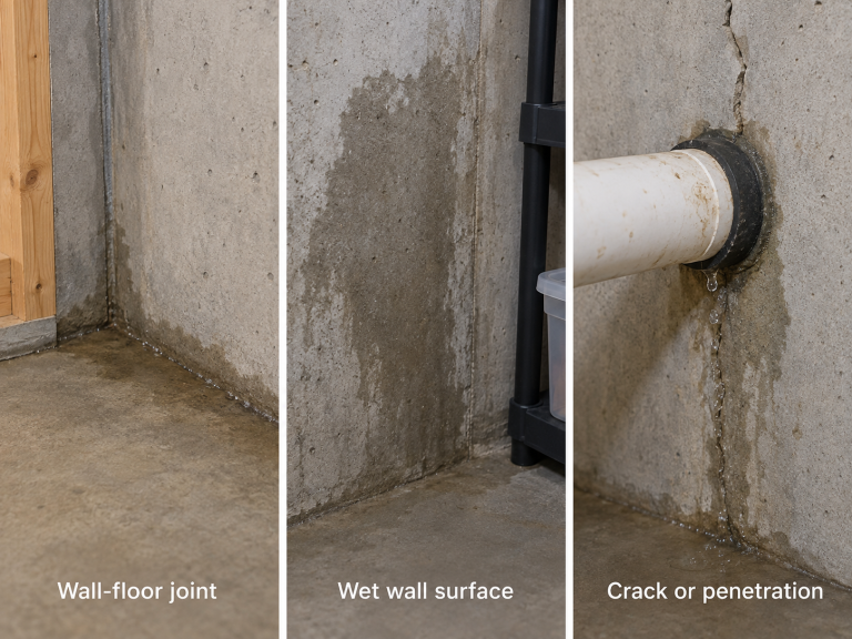 Three-panel basement comparison showing water at a wall-floor joint, a damp concrete wall surface, and water entering at a crack or pipe penetration