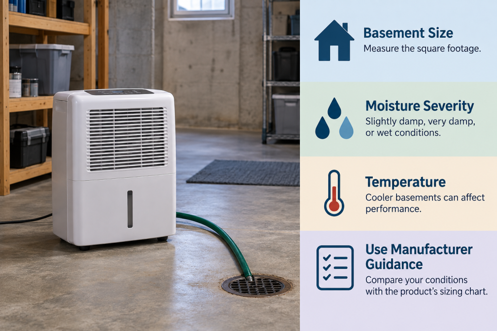Basement dehumidifier with a drain hose running to a floor drain beside a sizing guide for basement area, moisture severity, temperature, and manufacturer guidance
