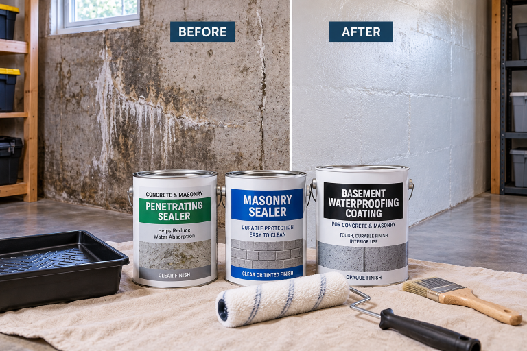 Before-and-after comparison of a damp basement wall and a sealed wall with penetrating sealer, masonry sealer, and waterproofing coating products