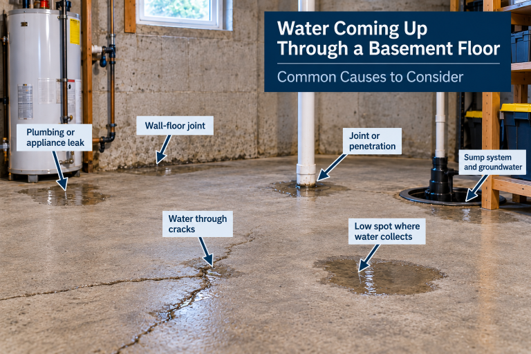 Illustrated basement floor graphic showing six defined water-entry patterns, including a plumbing leak, wall-floor joint seepage, joint or penetration leak, sump-related groundwater, water through cracks, and a low spot where water collects