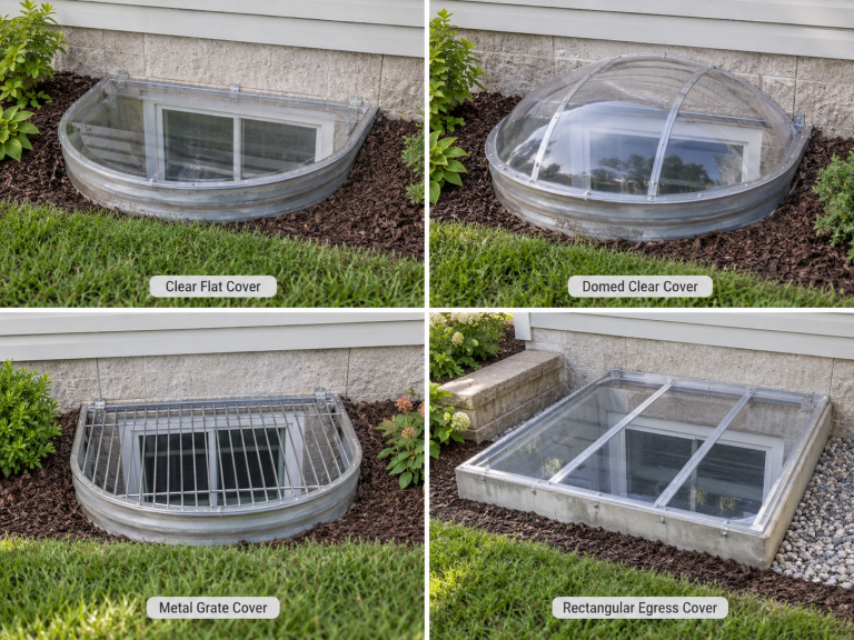 Comparison graphic showing four window well cover styles: clear flat, domed clear, metal grate, and rectangular egress covers
