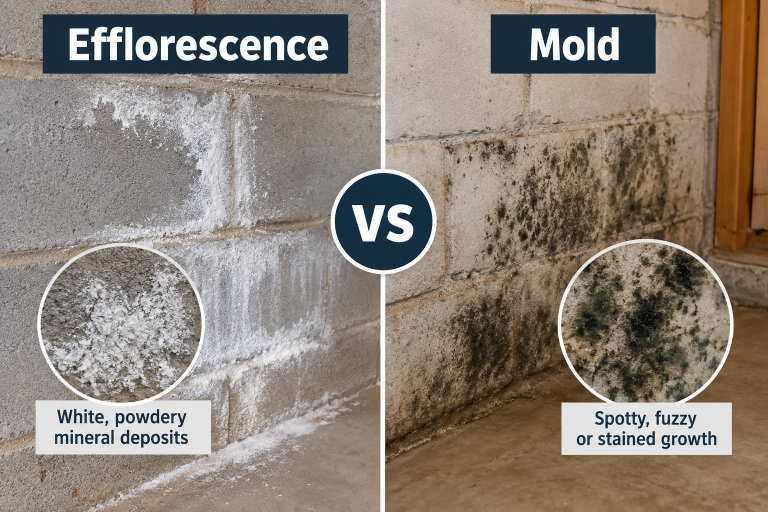 Side-by-side comparison of efflorescence and mold on basement walls, showing white powdery mineral deposits versus dark spotty or fuzzy growth