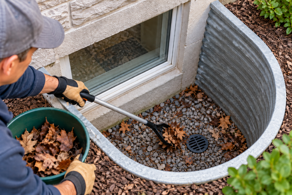 Homeowner cleaning leaves and debris from a basement window well with a long-handled grabber while keeping the drain area clear
