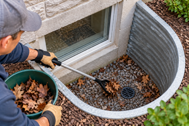 Homeowner cleaning leaves and debris from a basement window well with a long-handled grabber while keeping the drain area clear