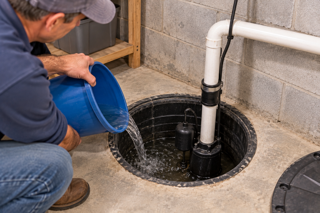 Homeowner testing a sump pump by slowly pouring water into the sump pit while checking the pump, float, and discharge piping
