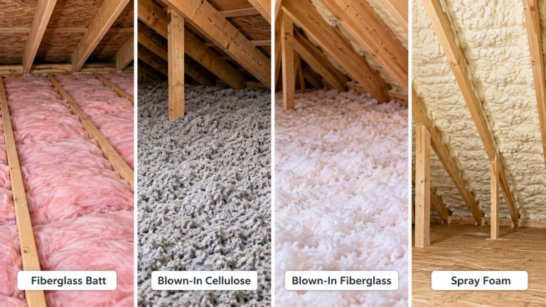 Four side-by-side attic insulation examples labeled fiberglass batt, blown-in cellulose, blown-in fiberglass, and spray foam.