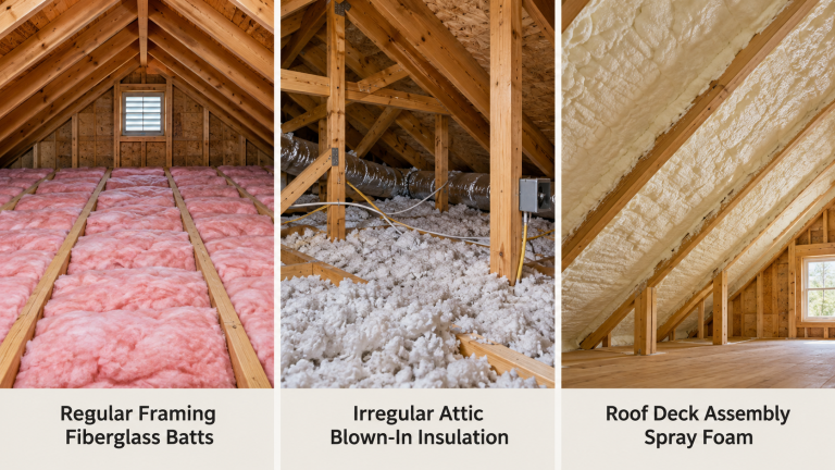 Three side-by-side attic insulation scenarios showing fiberglass batts for regular framing, blown-in insulation for an irregular attic, and spray foam for a roof deck assembly.