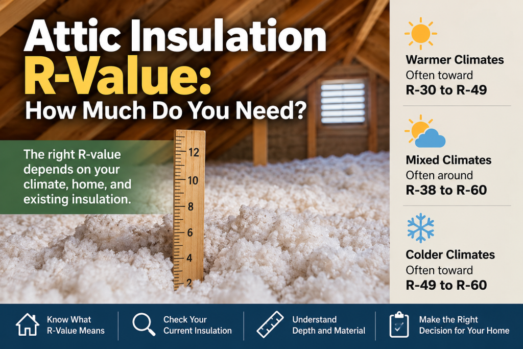 Attic insulation R-value infographic showing loose-fill insulation depth, a measuring stick, and typical R-value ranges for warmer, mixed, and colder climates.