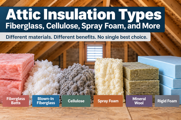 Attic insulation types infographic showing fiberglass batts, blown-in fiberglass, cellulose, spray foam, mineral wool, and rigid foam.