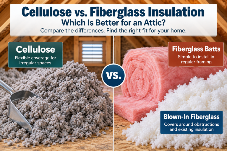 Cellulose vs fiberglass insulation comparison showing loose-fill cellulose, fiberglass batts, and blown-in fiberglass for attic use.