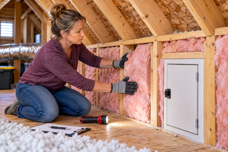 Homeowner inspecting fiberglass batt insulation installed in an attic knee wall beside a small access door.
