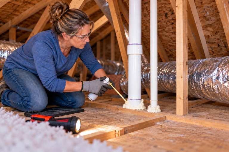 Homeowner air sealing around attic plumbing penetrations with spray foam before adding insulation.