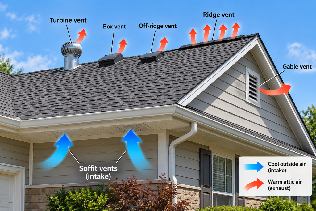 Attic ventilation diagram showing cool air entering through soffit vents and warm attic air exiting through ridge, box, turbine, off-ridge, and gable vents.