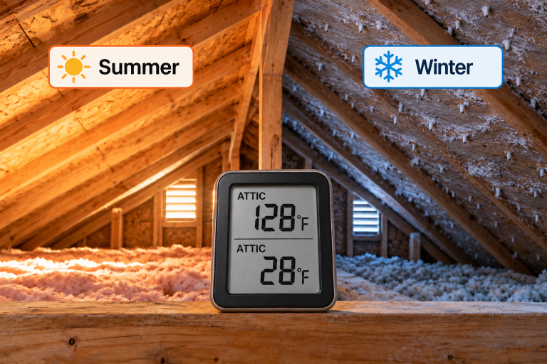 Summer and winter attic temperature comparison showing a hot attic at 128°F and a cold attic at 28°F, with realistic frost on the winter roof deck.