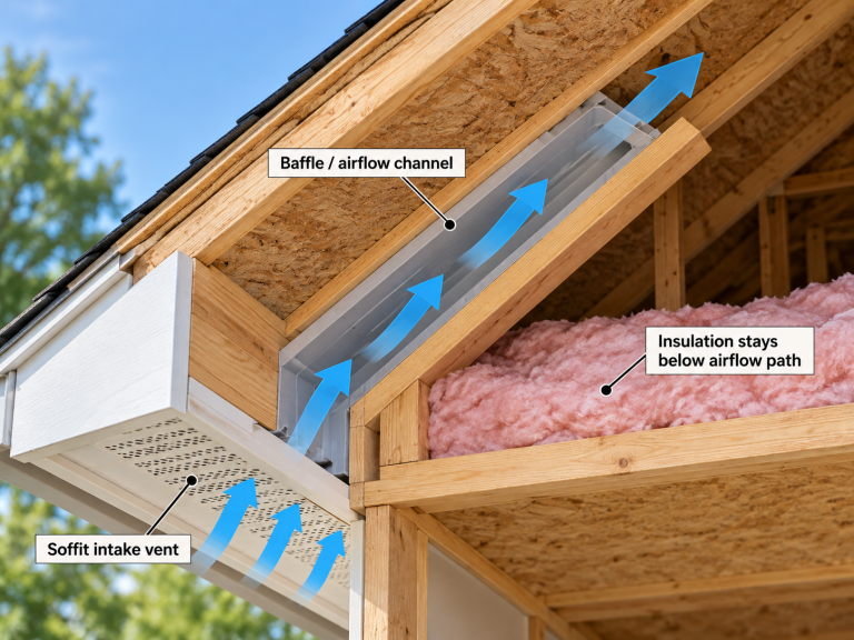Diagram showing a soffit baffle installed between roof rafters, carrying air from the soffit intake vent upward while keeping insulation below the airflow path.