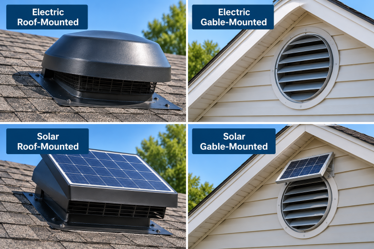 Four-panel comparison of electric and solar attic fans in roof-mounted and gable-mounted configurations.