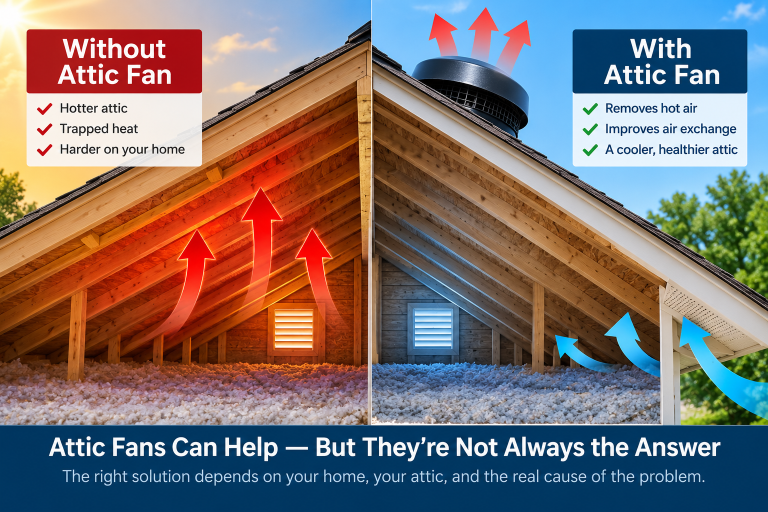 Split attic comparison showing conditions without an attic fan and with a powered attic fan, including airflow arrows and a roof-mounted fan.