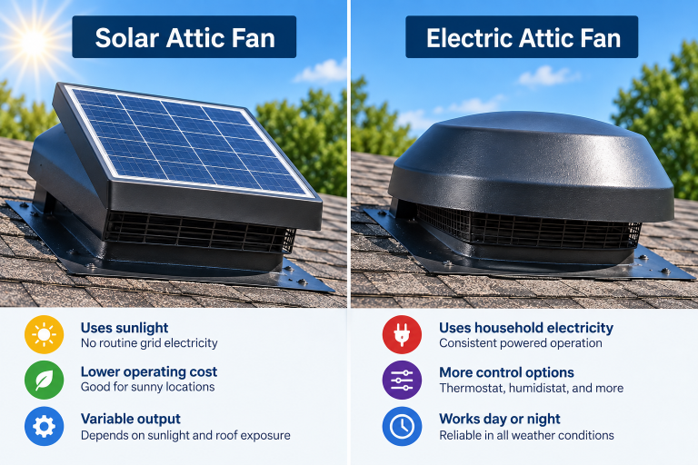 Side-by-side comparison of a solar attic fan and electric attic fan mounted on a shingle roof, highlighting differences in power source, controls, and operation.