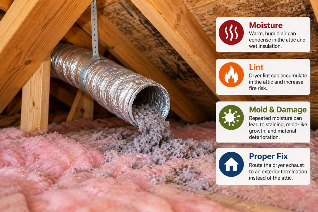 Dryer duct venting into an attic with lint buildup on insulation, plus callouts showing moisture, fire, mold, and exterior-termination concerns.