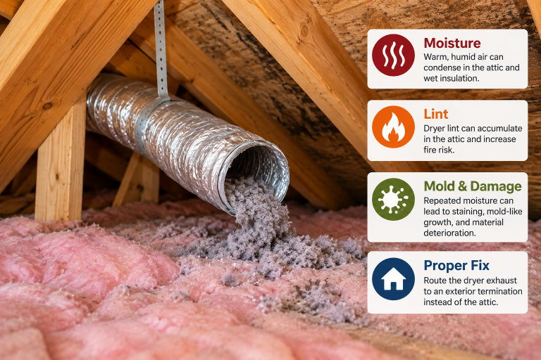 Dryer duct venting into an attic with lint buildup on insulation, plus callouts showing moisture, fire, mold, and exterior-termination concerns.