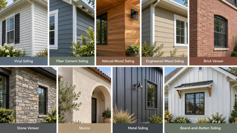 Comparison of common house siding types, including vinyl, fiber cement, wood, brick, stone, stucco, metal, and board-and-batten siding.