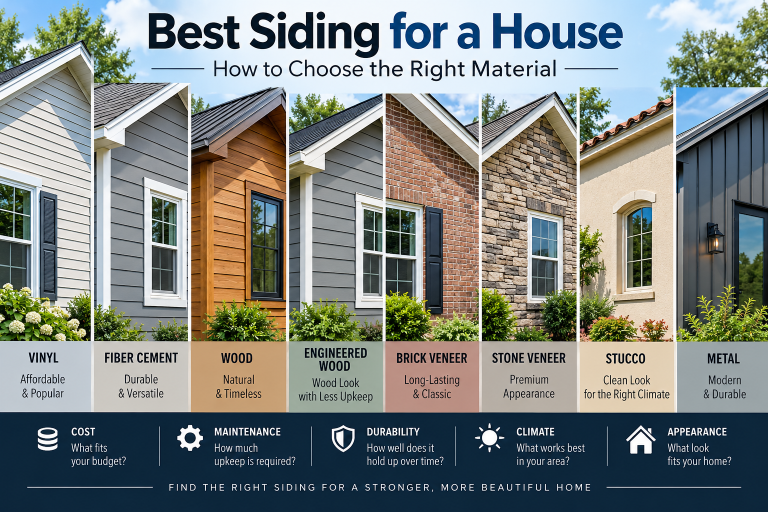 Comparison of vinyl, fiber cement, wood, engineered wood, brick, stone, stucco, and metal siding options for a house.