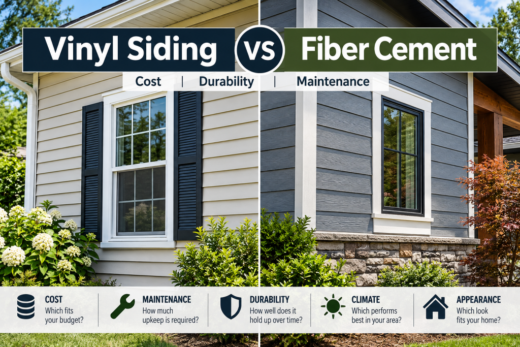 Side-by-side comparison of vinyl siding and fiber cement siding on two homes, highlighting cost, maintenance, durability, climate, and appearance.
