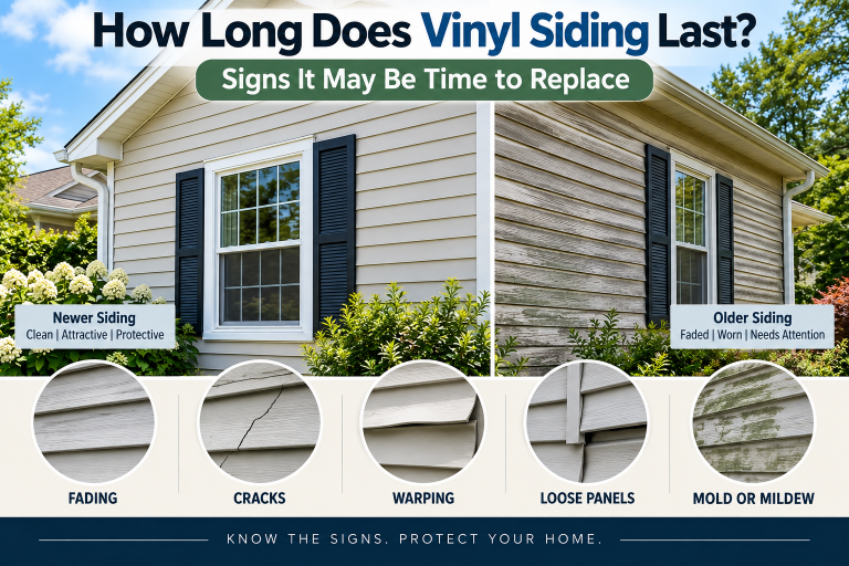 Comparison of newer and older vinyl siding showing fading, cracks, warping, loose panels, and mildew as signs of aging.
