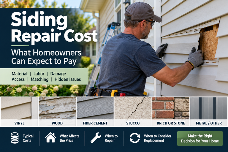 Contractor repairing exterior siding with examples of vinyl, wood, fiber cement, stucco, brick, stone, and metal siding materials.