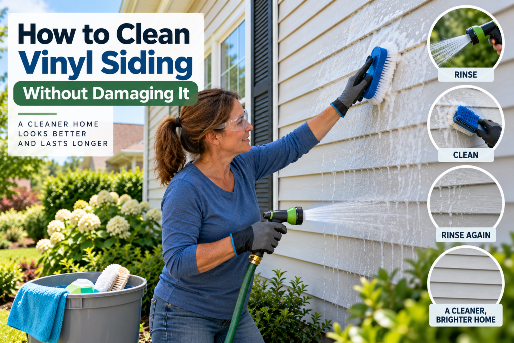 Homeowner cleaning white vinyl siding with a soft brush, mild cleaner, and garden hose using a gentle rinse-and-scrub method.