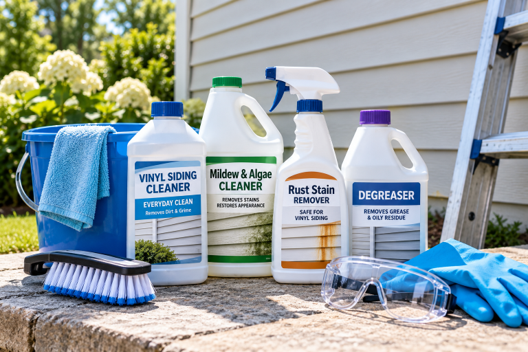 Vinyl siding cleaning products and supplies for dirt, mildew, rust stains, and grease beside an exterior siding wall.