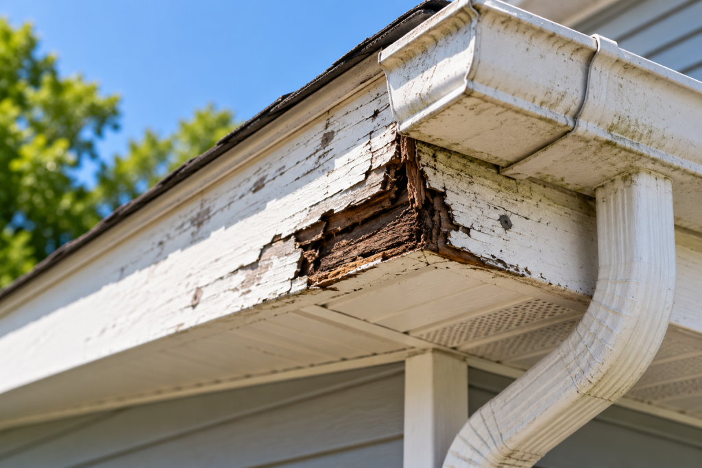 Rotten fascia board beneath a roof edge showing peeling paint, cracked wood, severe decay, and gutter-related moisture exposure.