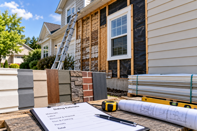 House undergoing siding replacement with exposed wall sheathing, new siding materials, tools, and a project estimate showing major cost factors.