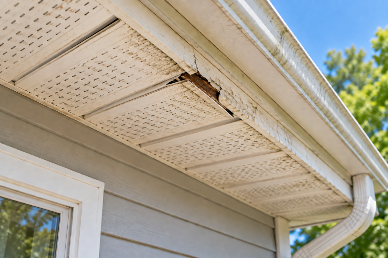 Damaged soffit beneath a roof edge showing a loose panel, staining, and localized moisture deterioration near the gutter.