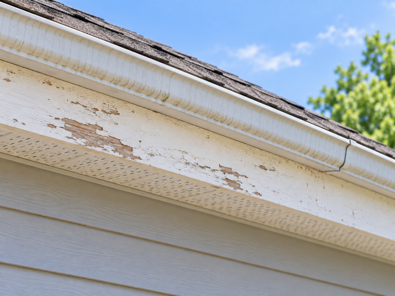 Weathered fascia board along one side of a house showing peeling paint, surface deterioration, soffit panels, and the gutter above.
