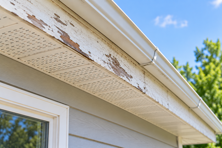 Weathered soffit and fascia along a house roof edge showing peeling paint, vented soffit panels, and the gutter above.