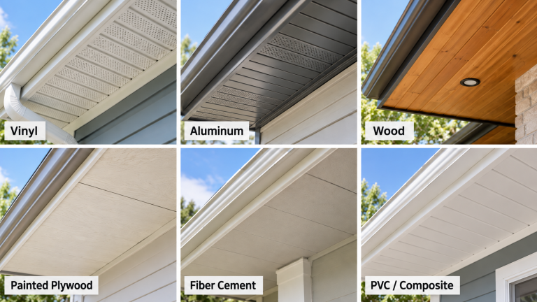 Comparison of six soffit materials labeled vinyl, aluminum, wood, painted plywood, fiber cement, and PVC or composite.