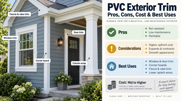 PVC exterior trim comparison showing window trim, door trim, corner boards, column wrap, fascia and rake trim, plus key pros, considerations, cost, and best uses.