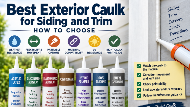 Comparison of exterior caulk types for siding and trim, including acrylic latex, siliconized acrylic, elastomeric acrylic, polyurethane, hybrid polymer, silicone, and butyl, with a realistic caulk bead applied along exterior trim.