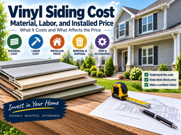 Vinyl siding cost guide showing material, labor, installed price, removal and disposal, trim and accessories, with siding samples, a house blueprint, measuring tape, and pen.
