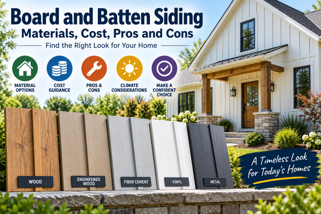 Board and batten siding comparison showing wood, engineered wood, fiber cement, vinyl, and metal material options beside a modern home with vertical siding.