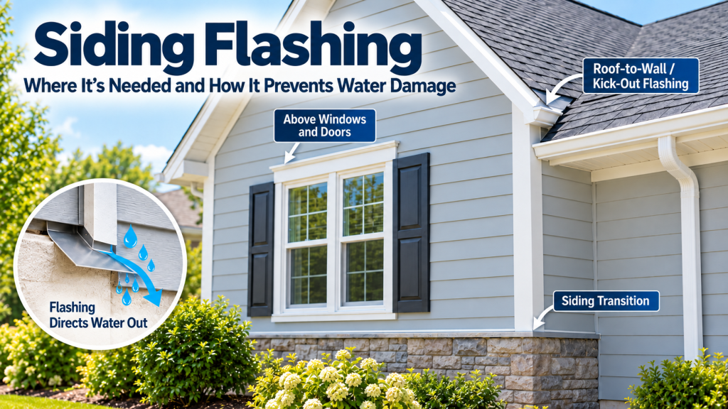Siding flashing guide showing flashing above windows and doors, at a siding transition, and at a roof-to-wall kick-out flashing location to direct water away from the wall.