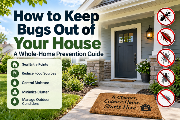 Front entrance of a suburban home with illustrated pest-prevention reminders for sealing entry points, reducing food and moisture, minimizing clutter, and managing outdoor conditions.